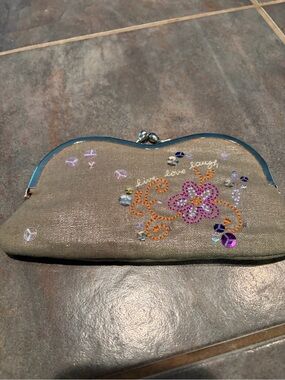 Embroidered Floral Frame Clutch Wallet - Beige- live, laugh, love